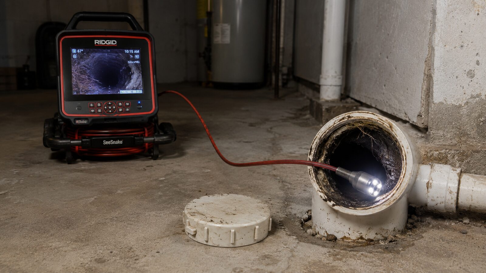 Sewer scope inspection — RIDGID SeeSnake camera scoping a Plymouth basement sewer cleanout