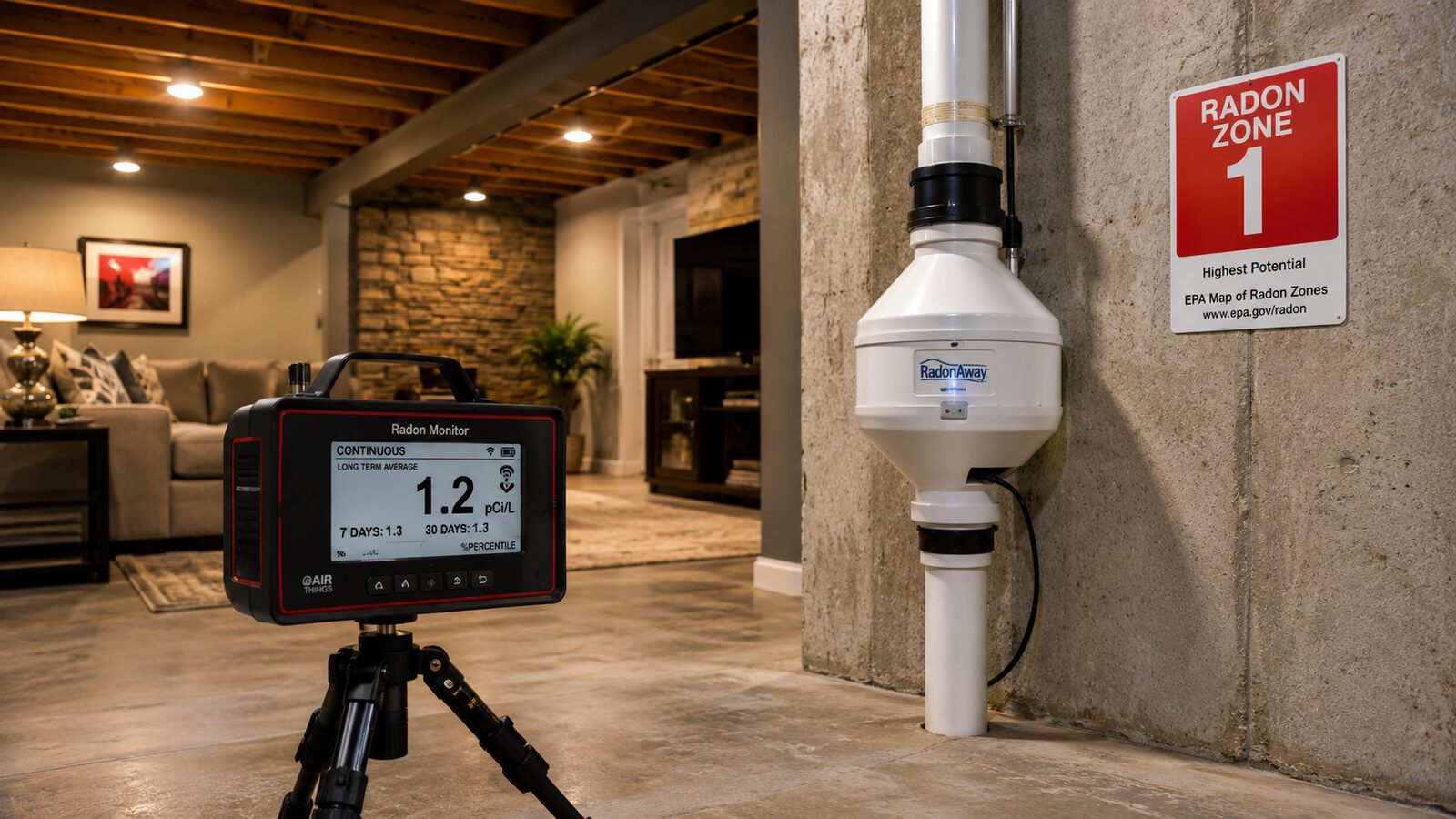 Radon testing in Plymouth, MN — continuous radon monitor on tripod with mitigation system pipe and EPA Radon Zone 1 sticker in finished basement